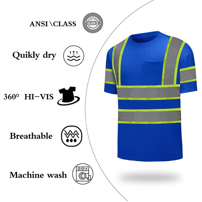 DPSAFETY High Visibility Shirts Quick Dry Safety T Shirts with Reflective Strips and Pocket Short Sleeve Mesh Hi Vis Construction Work Class 2 Shirt for Men/Women Blue,5XL - Image 3